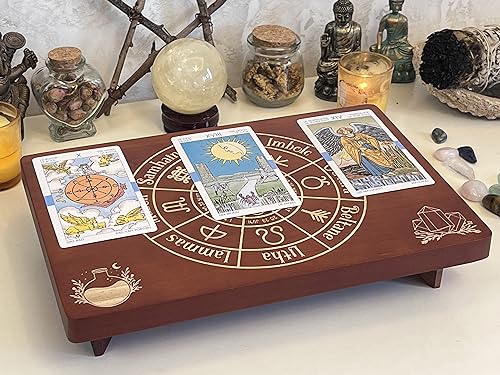 Altar Table, Meditation Table, Small Altar Table, Wooden Witch Altar, Wiccan Alter Table, Buddhist Shrine, Engraved Wheel of The Year on Table Top, 12 × 8 inches - color: Wheel of the Year