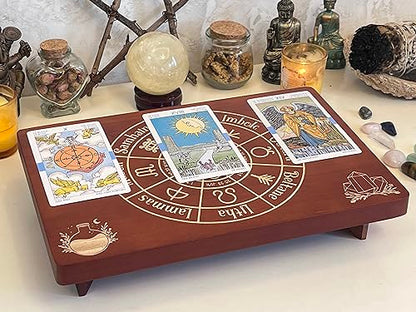 Altar Table, Meditation Table, Small Altar Table, Wooden Witch Altar, Wiccan Alter Table, Buddhist Shrine, Engraved Wheel of The Year on Table Top, 12 × 8 inches - color: Wheel of the Year