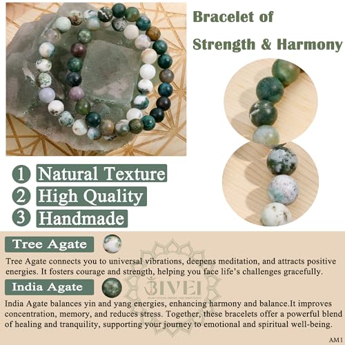 Bivei Natural Gemstone Semi Precious Healing Crystals Handmade Stretchy Round Beads Bracelet,Stocking Stuffers for Women Enhance Positive Energy - color: 8mm Tree Agate & India Agate (Strength & Harmony), size: Small: 6.5-6.7 inch