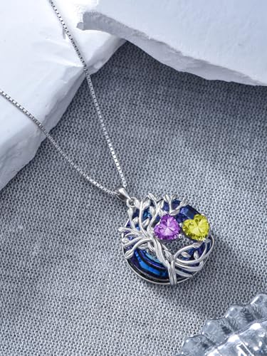 TOUPOP s925 Sterling Silver Family Celtic Tree of Life Pendant Necklaces with 2 Heart Birthstone with Blue Austrian Crystal Jewelry Birthday Valentines Day Gifts for Her, Anniversary Christmas Gifts for Wife Girlfriend Mom (18K Real White Gold Filled) - c