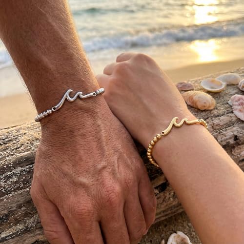Wave Bar Stainless Steel Bead Bracelets Set, Gold and Silver Tone Stretch Minimalist Jewelry for Women and Men