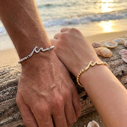 Wave Bar Stainless Steel Bead Bracelets Set, Gold and Silver Tone Stretch Minimalist Jewelry for Women and Men