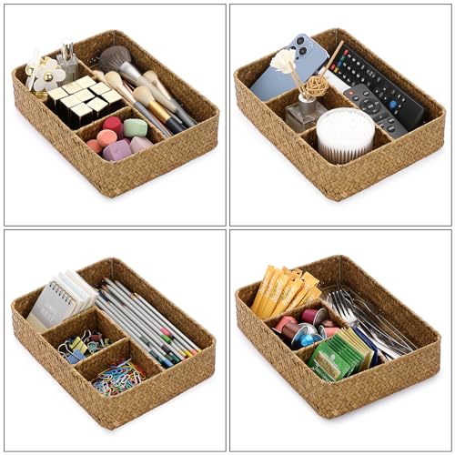 BTSKY Desk Drawer Organizer Tray, Coffee Station Organizer Tea Bag Organizer, Woven Seagrass Storage Basket with 4 Divided Sections Handwoven Wicker Storage Basket for Shelves, Pantry, Coffee Bar