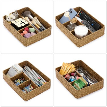 BTSKY Desk Drawer Organizer Tray, Coffee Station Organizer Tea Bag Organizer, Woven Seagrass Storage Basket with 4 Divided Sections Handwoven Wicker Storage Basket for Shelves, Pantry, Coffee Bar