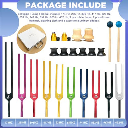 Solfeggio Tuning Fork Set - 10 Tuning Forks Perfect for DNA Healing, Chakra, Sound Therapy, Multicolour, with Exquisite Aluminum Gift Box (174 Hz, 285 Hz, 396 Hz, 417 Hz, 432Hz, 528 Hz etc) - color: Solfeggio Multicolour A