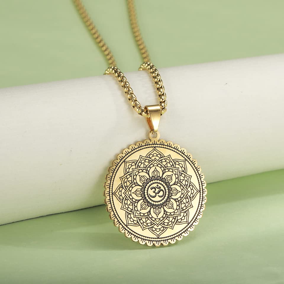 Mandala Om Aum Ohm Men's Necklace Sanskrit Symbol Om Aum Ohm Spiritual Amulet Indian Lotus Mandala Yoga Pendant Religious Jewelry Men - color: Mandala gold