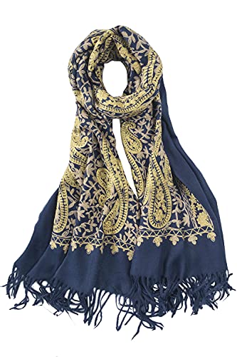 Urban CoCo Women's Embroidered Oversize Tassel Shawl Scarf Wraps for Women - color: #3-navy Blue