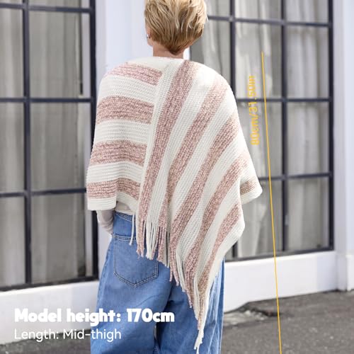MissShorthair Knit Shawl Wraps for Women Boho Crochet Shawls Cape Open Front Cardigan - color: Beige Pink Striped