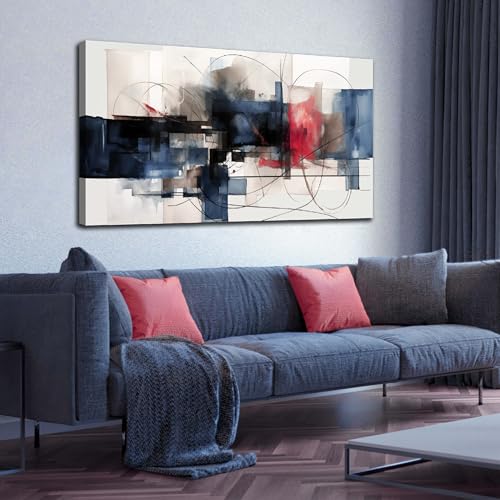Fuwobriva Abstract Canvas Wall Art for Living Room Bedroom Office Large Wall Art Decor Abstract Wall Art Modern Black Red and Blue Geometry Painting Artwork 24"x48" - size: 24L" x 48W"