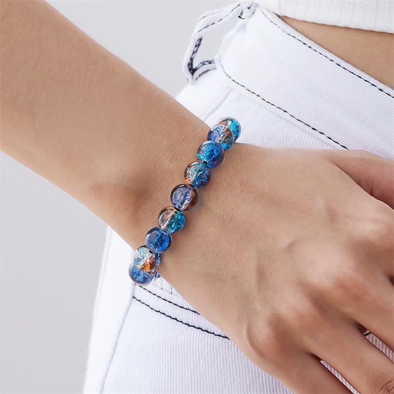 LANG XUAN Beaded Stretch Bracelets for Women Men Healing Crystal Stone Bracelet Bead Adjustable Unisex Gemstones Bracelets 10MM Weave Jewelry Gifts - color: 2pcs Blue brown