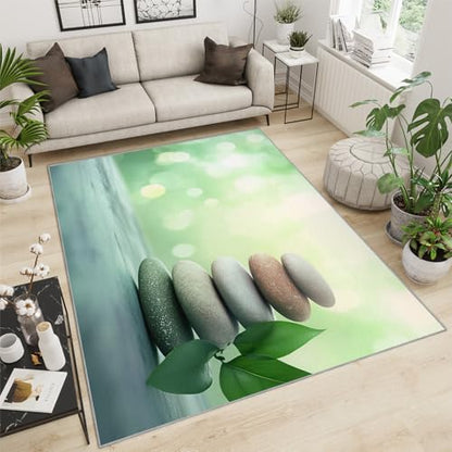 Stone Zen Rug, Fresh Green Design Area Rug - 2x5 Washable & Non Slip Japanese Oriental Rugs for Meditation Room, Soft Noise Reduction Indoor Carpet Peaceful & Natural Decor Floor Mats