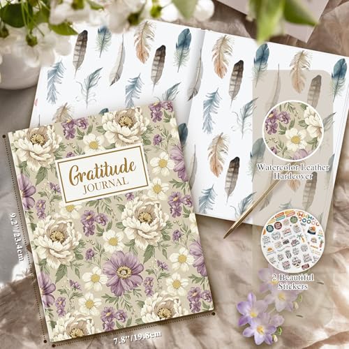 Lanpn Daily Gratitude Journal for Woman Men, 4 Month Affirmation & Mindfulness Planner, 7.8"x9.2" The 5 Minute Grateful Diary, Guided Reflection with Positivity Prompts & Quotes Undated Notebook - color: Purple Flower