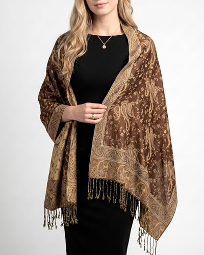 Achillea Reversible Paisley Pashmina Rave Scarf – Exotic Indian Shawls and Wraps for Evening Dresses, Festivals, All Seasons - color: Brown