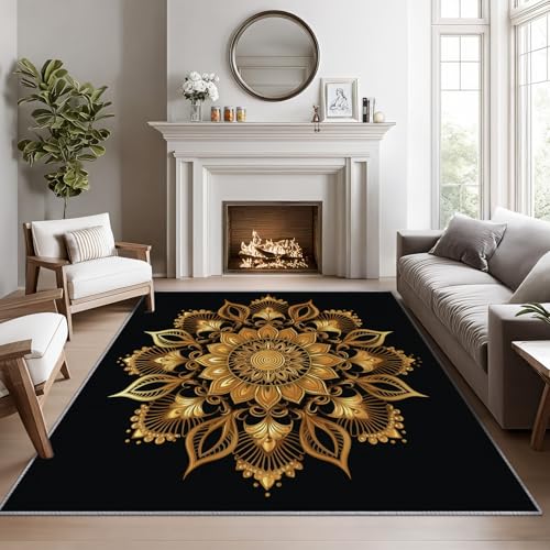 Mandala Rugs 8x10 -Black and Gold Floral Rug, 3x5 ft, Vintage Meditation Area Rug, Zen Spiritual Washable Non-Slip Rugs for Entryway, Luxury Indian Mandala Home Decor & Gifts - color: Black Gold, size: 3' x 5' (Rectangular)