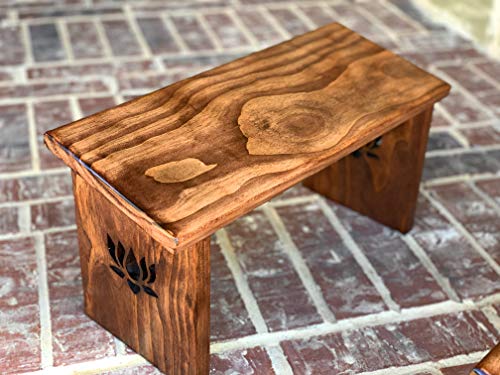 Hand Crafted Red Mahogany Stain Meditation Bench with Lotus Flower Legs.