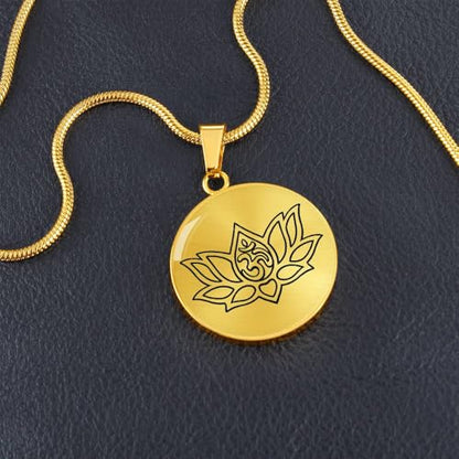 quan jewelry Yoga Lotus Flower Pendant Necklace with Om Symbol, Happy Birthday Gifts Ideas for Mom, Daughter, Women with Inspirational Quote on Gift Card - color: 18K Gold-Tone Cirle Plate