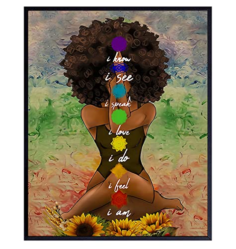 Black Art for African American Women - Boho Positive Affirmations Zen Meditation Decor - Inspirational Afro Yoga Wall Art - New Age Hippie Chakra Room Decor - Personal Growth Uplifting Spiritual Gifts - size: 8"L x 10"W