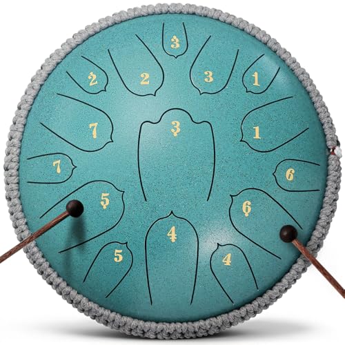 Rain Drum for Outside, 12 Inch 15 Notes Steel Tongue Drum, D Major Percussion Instrument with Soft Bag, Mallets & Music Book, Zen Garden Decor for Meditation, Yoga & Sound Healing (Green) - color: green