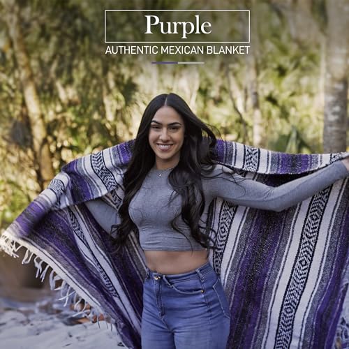 Hydration Nation Authentic Extra Large Mexican Blanket (70"x50") - Handwoven Yoga, Serape - Artisanal Falsa, Beach, Camping, Picnic, Outdoor (Purple) - color: Purple