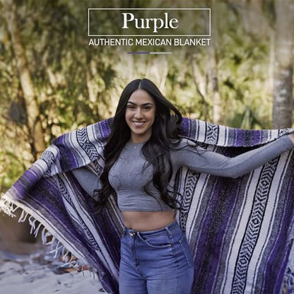 Hydration Nation Authentic Extra Large Mexican Blanket (70"x50") - Handwoven Yoga, Serape - Artisanal Falsa, Beach, Camping, Picnic, Outdoor (Purple) - color: Purple