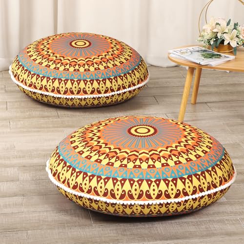 LOVMOC 32 Inch Round Floor Pillow for Adults Set of 2, Large Thick Memory Foam Boho Mandala Meditation Floor Seating Cushion, Machine Washable for Living Room Outdoor Yoga Floor Sitting, Yellow - color: Yellow, size: 2 Count (Pack of 1)