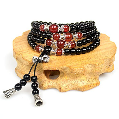 6mm 108 Mala Beads Bracelet Meditation Necklace Obsidian Beaded Prayer Buddhist Healing Stone Tiger Eye Jewelry - color: Obsidian-Red Agate
