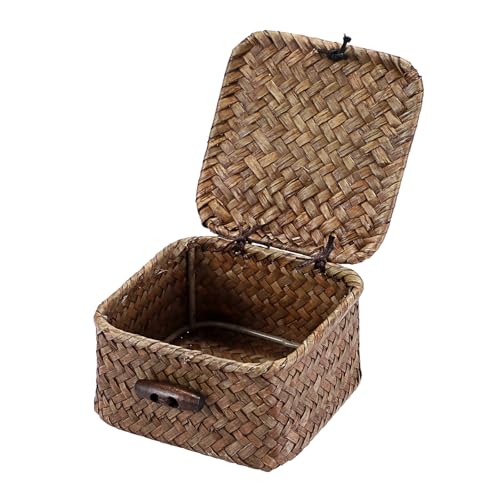 Mini Seagrass Basket Handwoven Small Wicker Basket with Lid Square Portable Storage Baskets for Key Jewelry Decorative Organizer Box for Shelf, 3.5"L x 3.5"W x 2"H - color: Coffee color, size: 3.5"L x 3.5"W x 2"H