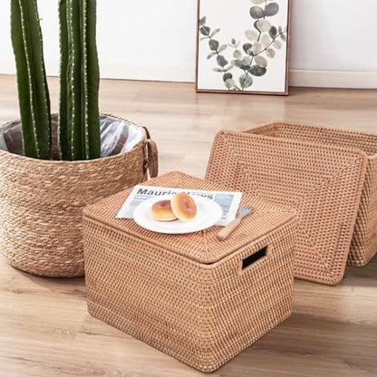 Rattan Basket With Lid, Large Lidded Basket For Storage(18.9" L×15.35"W×14.17"H) - size: 18.9"×15.35"×14.17"