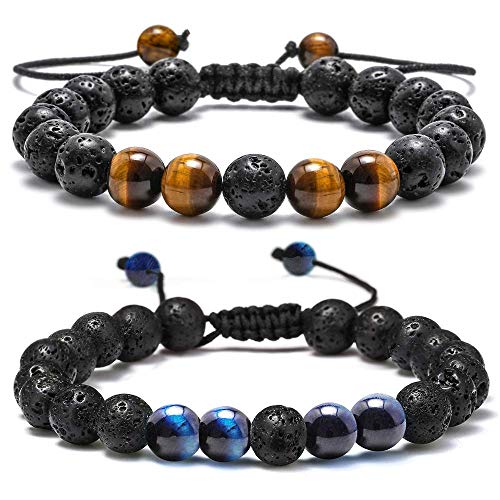 M MOOHAM Fathers Day Gift Mens Bracelet - Beaded Natural Stone 8mm Tiger Eye Matte Agate Lava Rock Bracelets for Men Teen Boys Grandpa Dad Birthday Gifts Jewelry - style: "Lava Rock&Yellow Blue Tiger Eye Bracelets