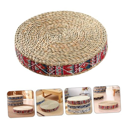 ULTECHNOVO Bohemian Red Woven Meditation Floor Cushion 30cm Diameter X 7cm Height Zafu Japanese Style Straw Sitting Pad for Yoga and Zen Practice