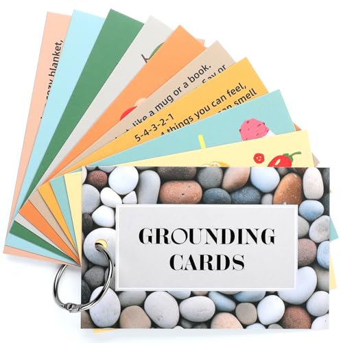 AmazingSpark 10 Pcs Grounding Card Coping Skills Card for Anxiety & Stress Relief with Metal Binder Rings Mindfulness Flashcard Meditation & Self-Care Tools Mental Health Therapy Gift for Adults Teens