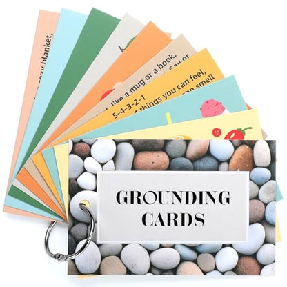 AmazingSpark 10 Pcs Grounding Card Coping Skills Card for Anxiety & Stress Relief with Metal Binder Rings Mindfulness Flashcard Meditation & Self-Care Tools Mental Health Therapy Gift for Adults Teens