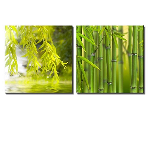 wall26 Two Piece Canvas - Bamboo Branches and Leaves Framing a Lake on 2 Panels - Canvas Art Home Art - 12x12 inches - color: Bamboo Branches, size: 12" x 12" x 2 panels