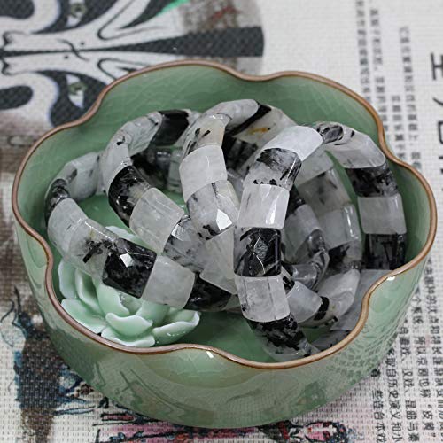 Keleny Gemstones Semi Precious 15mm Square Grain Faceted Beaded Stretch Bangle 7.5 Inch Unisex - color: Black Rutilated Quartz