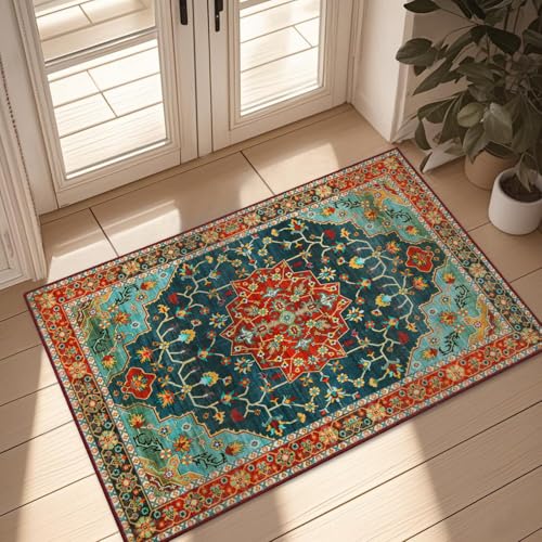 WILLSUN Washable Area Rugs, 2x3 Non-Slip Boho Small Area Rugs for Entryway, Kitchen, Bathroom, Machine Washable Vintage Rug, Indoor Floral Print Carpet for Home Decor, Kid & Pet Friendly Mat - color: Brick Red, size: 2' x 3' (Rectangular)