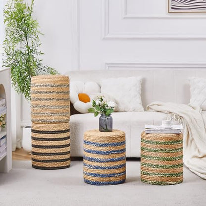 Ottoman Natural Seagrass Foot Rest Stool Hand Weave Round Foot Stool Pouf Boho Vanity Stools with Non-Skid Mat for Living Room Bedroom Hallway - color: Mix White-1