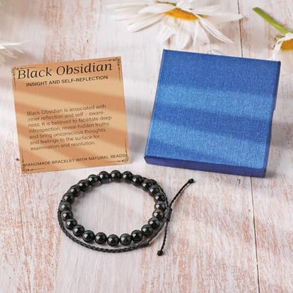 QOGIR 2pcs Handmade Healing Bracelet, Natural Gem Stone Crystal Elastic Bracelet - color: Black Obsidian(Self - Reflection), size: 8mm