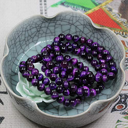 Keleny Gem Semi Precious Gemstones 8mm Natural Stone Round Beads Rock Crystal Jasper Stretch Bracelet 7 Inch Unisex - color: Dyed Purple Tiger Eye