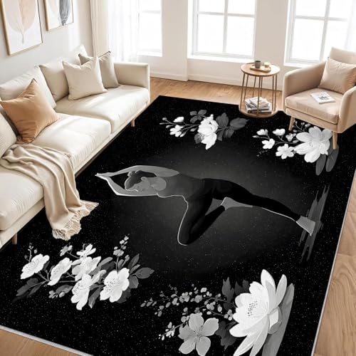 Yoga Silhouette 5x8 Area Rug - Meditation Rug for Living Room, Washable Non Slip White Flower Rugs for Bedroom, Dining Room, Under Table, Office - Soft Low Pile Accent Carpet, Home Decor - Black - color: Deep Black -93, size: 5' x 8' (Rectangular)
