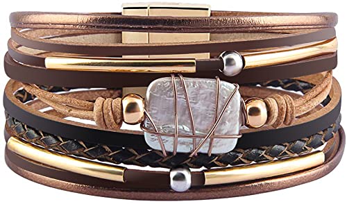 Fesciory Leather Wrap Bracelets for Women, Boho Leopard Multi-Layer Crystal Beads Cuff Bracelet Jewelry - color: Brown Leather(Pearl)