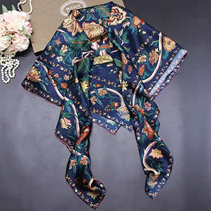 ANDANTINO 100% Silk Scarf 43" Large Square Lightweight Headscarf& Shawl–Women Hair Wraps-With Gift Packed - color: Flowers-navy