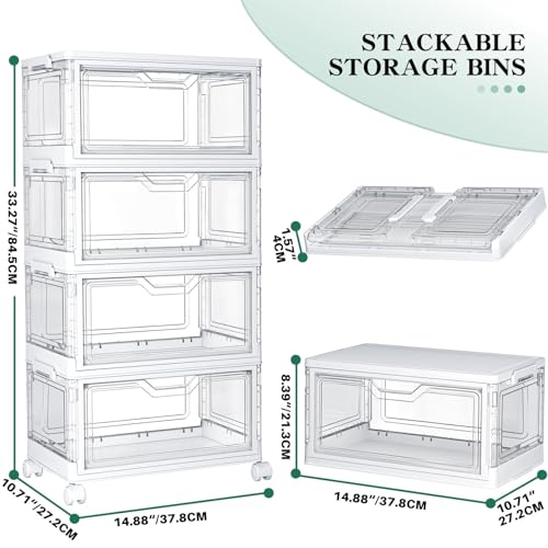 Kmiectse Clear Storage Bins with Lids - 4 Tier Plastic Bins with Wheels, Stackable Storage Bin, Closet Organizers Box for Bedroom, Living Room, 23 QT Folding Box with Magnetic door - size: 23QT-4Pack&1Lid