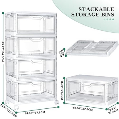 Kmiectse Clear Storage Bins with Lids - 4 Tier Plastic Bins with Wheels, Stackable Storage Bin, Closet Organizers Box for Bedroom, Living Room, 23 QT Folding Box with Magnetic door - size: 23QT-4Pack&1Lid