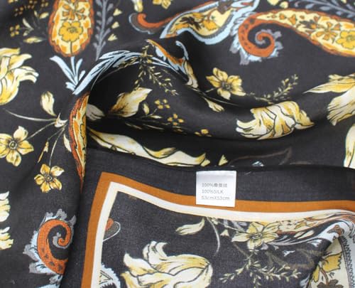 ANDANTINO 100% Mulberry Silk Scarf -21” Lightweight Square Neckerchief – Breathable Digital Printed Scarves with Gift Packed - color: Flowers-black