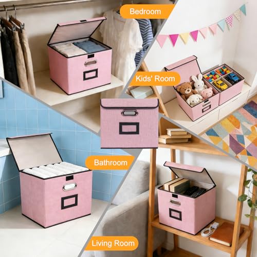 Large Square Storage Bin with Lid, Foldable Organizer Box with Handles & Label Design, for Office, Closet, Home, Documents, Pink, 12.20 x 10.63 x 10.63 Inches, 2 Pack - color: Pink, style: Square - 2 Pack
