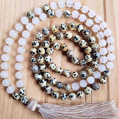 108 Bead Japa Mala Necklace – Dalmatian Jasper & Snow Quartz – Handmade Yoga Meditation Jewelry – Old Gold Silk Tassel – USA Artisan Crafted