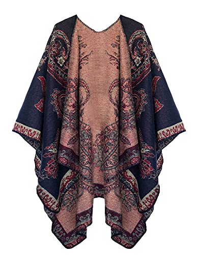 Urban CoCo Women's Color Block Shawl Wrap Open Front Poncho Cape - color: Series 29-navy Blue