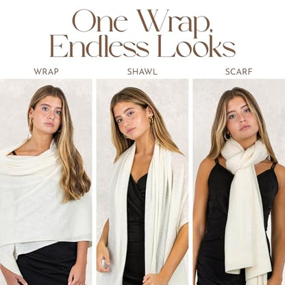 Velanio Cashmere Luxury Knitted Wrap Travel Shawl Scarf, Pashmina Stole, All-Season Scarf for Women Cashmere Wool Blend - color: Spray -White