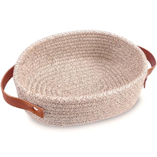 ABenkle Small Woven Basket, Mini Cotton Rope Storage Basket, Tiny Easter Basket, Shelf Basket, Oval Decorative Toy Dog Cat Basket for Nursery, Empty Gift Basket, 9.4" x 5.9" x 3.9" XS - color: Mixed Brown