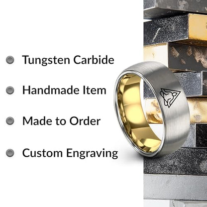 Gift for Yoga Fan - Yoga Meditation Ring - Flat Dome Bevel - Band - Men Women - Brushed Polished - Tungsten - Personalized Custom Engraving - 8mm - Anniversary Wedding - Yellow Rose Gold Silver - color: 02 - Yellow Gold Grey Tungsten